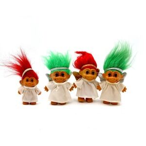 Vintage Russ Angel Troll Set 1990s Christmas Troll Dolls with Ornament Red Green